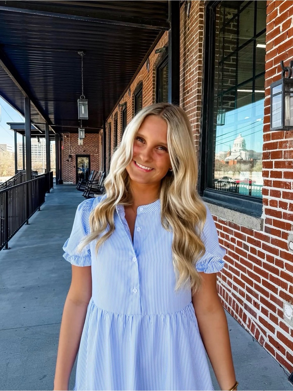 Simply Southern Blue & White Pinstripe Tiered Scallop Midi Dress with Bow Detail - Picture 4 of 4